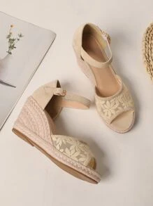 Floral Lace Espadrille Ankle Strap Wedge Sandals, Rope Sole Apricot Gladiator Sandals For Women With Ankle Strap, Wedge Heel - Apricot - View 6