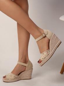 Floral Lace Espadrille Ankle Strap Wedge Sandals, Rope Sole Apricot Gladiator Sandals For Women With Ankle Strap, Wedge Heel - Apricot - View 7