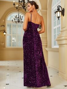 LOVE&LEMONADE 單肩高衩亮片舞會連衣裙