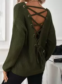 SHEIN LUNE Jersey de espalda con cordón de hombros caídos - Verde militar - Ver 1