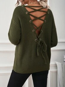 SHEIN LUNE Jersey de espalda con cordón de hombros caídos - Verde militar - Ver 5