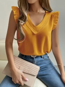 Breezaya Guipure Lace Panel Ruffle Sleeve Blouse - Yellow - View 3