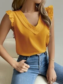 Breezaya Guipure Lace Panel Ruffle Sleeve Blouse - Yellow - View 4