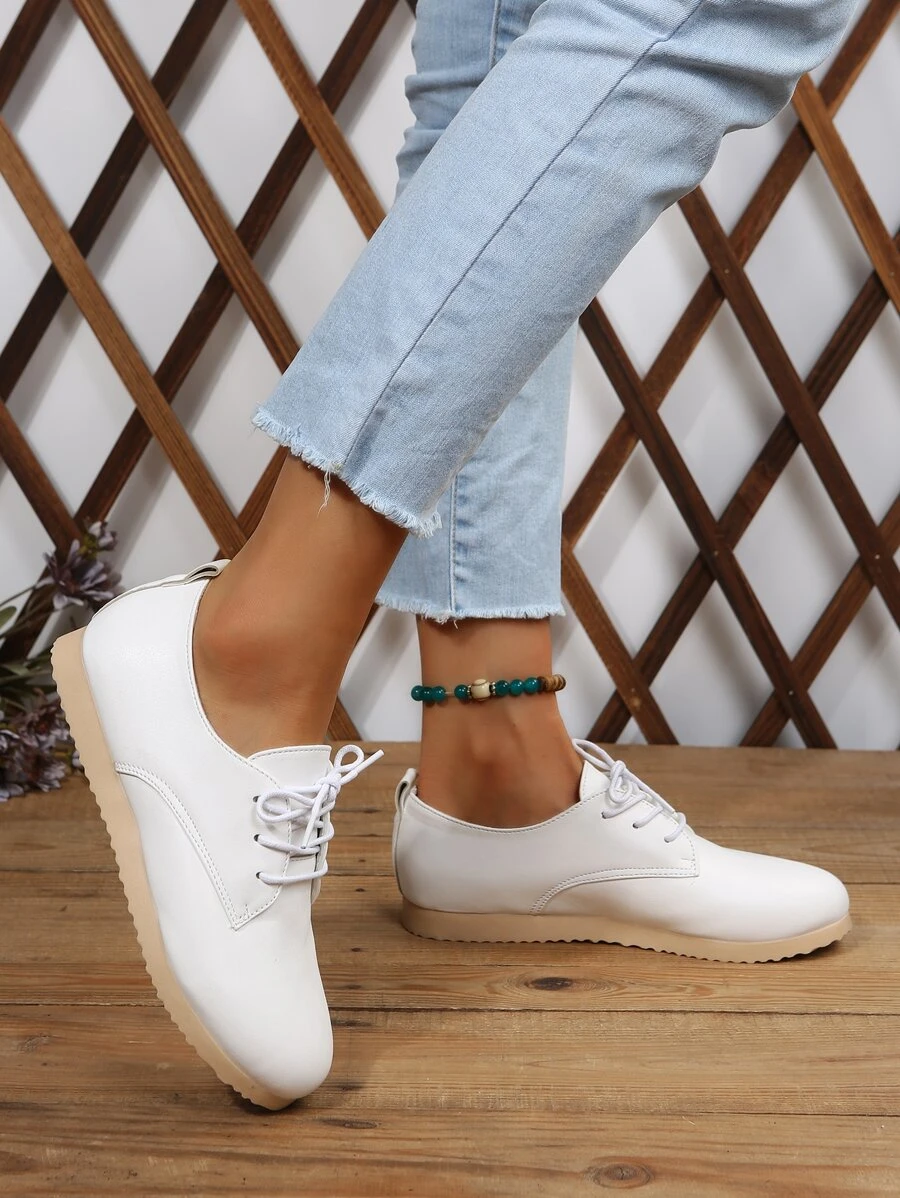 Lace-up Front Flat Oxfords - White - View 1