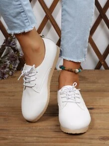 Lace-up Front Flat Oxfords - White - View 3