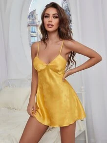SilkySpell بدلة نوم قميص نوم دانتيل الأزهار ساتان - أصفر - مشاهدة 4