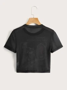 Stevenrhodes Cartoon Graphic Mesh Crop Top, School - Black - View 2