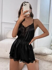 Rompers Nữ Tương phản ren màu trơn Gợi cảm - màu đen - Xem 2