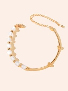 人造珍珠裝飾手環 - 金黃色 - 查看 2