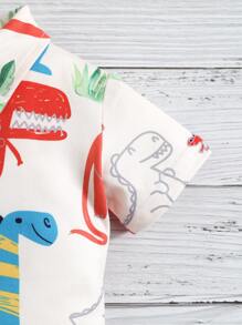 男嬰恐龍印花前紐扣連身短褲 - 杏色 - 查看 5