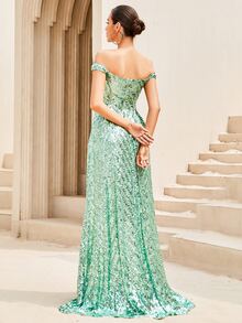 LOVE&LEMONADE 一字肩亮片正式連衣裙 - 綠色 - 查看 2