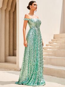 LOVE&LEMONADE 一字肩亮片正式連衣裙 - 綠色 - 查看 4