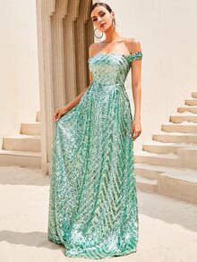 LOVE&LEMONADE 一字肩亮片正式連衣裙 - 綠色 - 查看 6