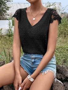 SHEIN VCAY Swiss Dot Floral Embroidery Mesh Panel Blouse - Black - View 5