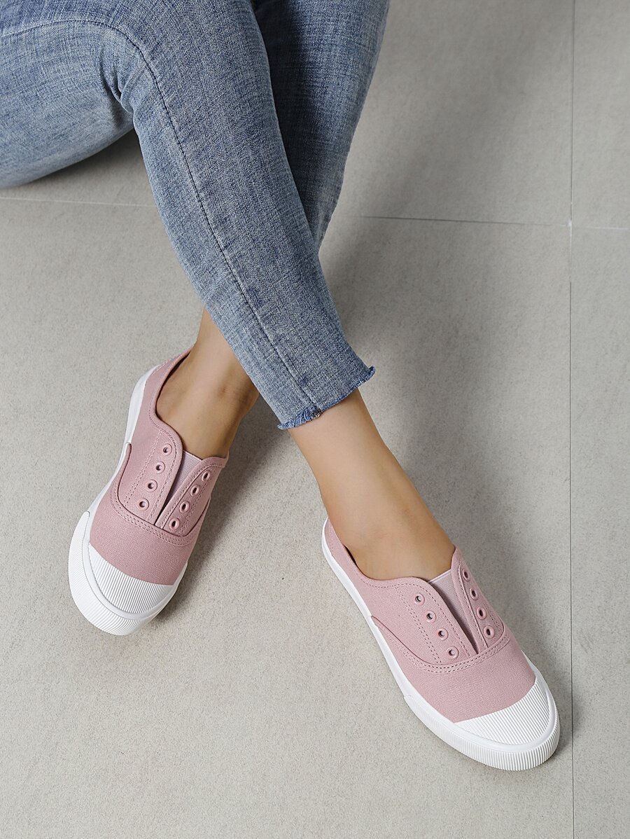 Two Tone Eyelet Detail Canvas Shoes - Baby Pink - View 1