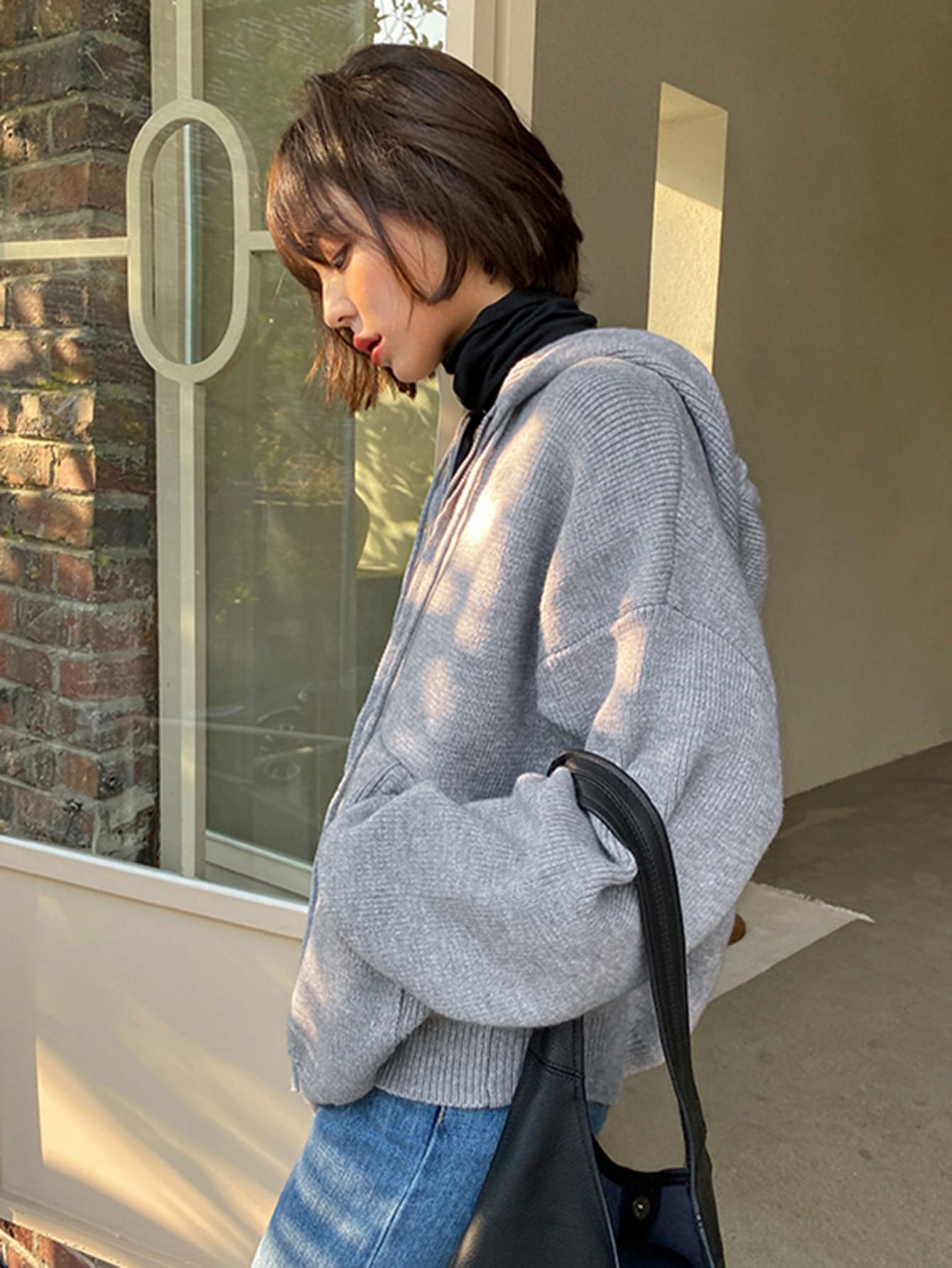 Zip Up Drop Shoulder Drawstring Hooded Cardigan
