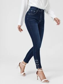 Pearls Beaded Split Hem Skinny Jeans - Dark Wash - View 1