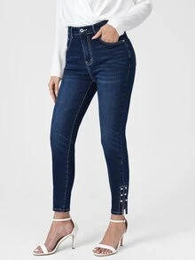 Pearls Beaded Split Hem Skinny Jeans - Dark Wash - View 4