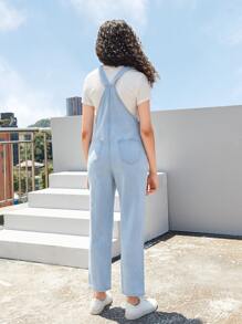 SHEIN 青少年女孩破洞牛仔背帶褲不帶T恤 - 淺色水洗藍 - 查看 2