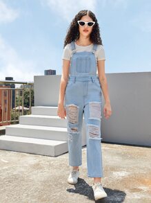 SHEIN 青少年女孩破洞牛仔背帶褲不帶T恤 - 淺色水洗藍 - 查看 3