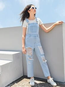 SHEIN 青少年女孩破洞牛仔背帶褲不帶T恤 - 淺色水洗藍 - 查看 4