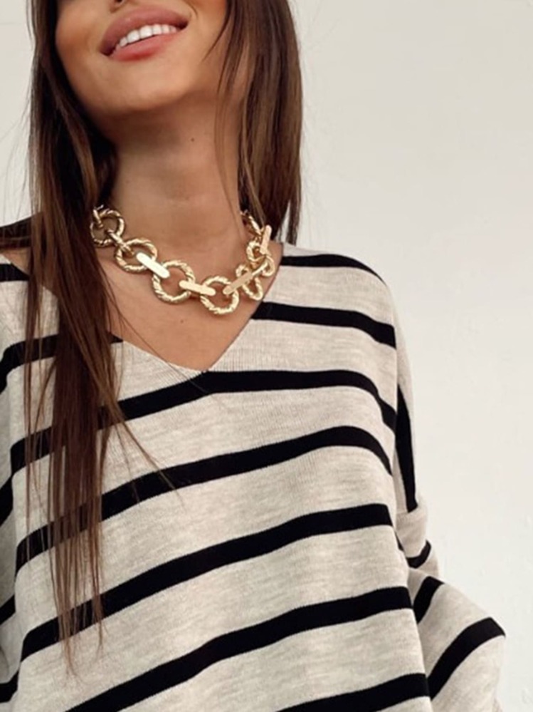 EURMUSE Striped Pattern V Neck Drop Shoulder Sweater - Multicolor - View 4