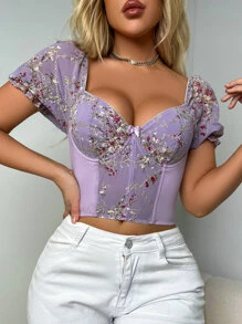 Chiquease Puff Sleeve Embroidered Flower Milkmaid Top - Lilac Purple - View 3