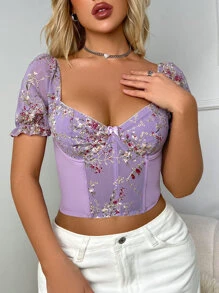 Chiquease Puff Sleeve Embroidered Flower Milkmaid Top - Lilac Purple - View 4