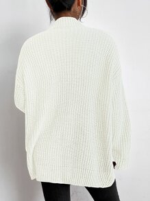 Chiquease 纯色双口袋罗纹针织开衫、长袖上衣 - 白色 - 查看 2