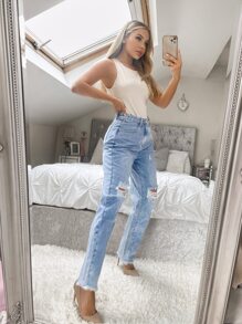 SHEIN Frenchy Ripped Raw Hem Straight Leg Jeans - Light Wash - View 3