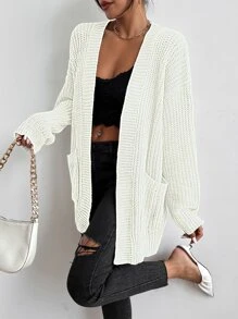 Chiquease 纯色双口袋罗纹针织开衫、长袖上衣 - 白色 - 查看 3