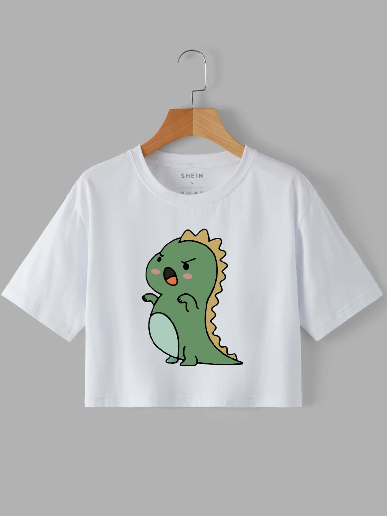 SHEIN EZwear Cartoon Dinosaur Print Crop Tee - White - View 1