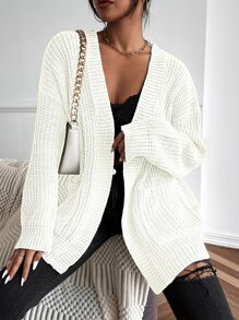 Chiquease 纯色双口袋罗纹针织开衫、长袖上衣 - 白色 - 查看 4