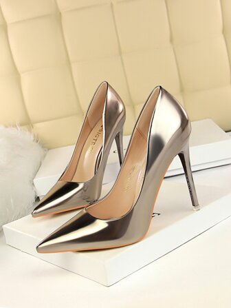 Fall/Winter 2025 Artificial Patent Leather Point Toe Stiletto Heeled Court Pumps, Bronze Party Solid Color High Heel Shoes, Sexy, Elegant,Pointed Heels