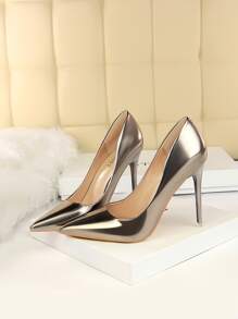 2025秋冬季人造漆皮尖头细高跟鞋，青铜色派对纯色高跟鞋，性感优雅尖头鞋