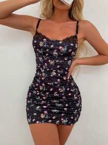 Ditsy Floral Print Contrast Lace Dress - Multicolor - View 3