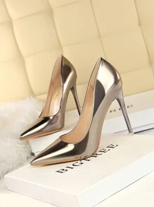 2025秋冬季人造漆皮尖头细高跟鞋，青铜色派对纯色高跟鞋，性感优雅尖头鞋