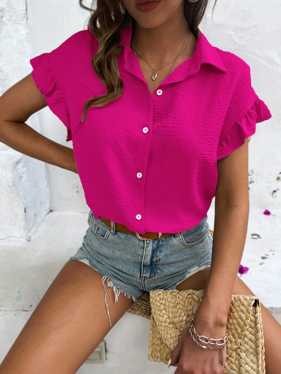 SHEIN Holidaya Áo sơ mi nữ Xù Nút phía trước màu trơn Giải trí - Màu Hồng Tươi - Xem 1