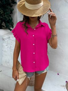 SHEIN Holidaya Áo sơ mi nữ Xù Nút phía trước màu trơn Giải trí - Màu Hồng Tươi - Xem 3