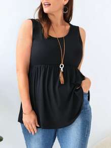 EMERY ROSE Plus Solid Peplum Tank Top - Black - View 1