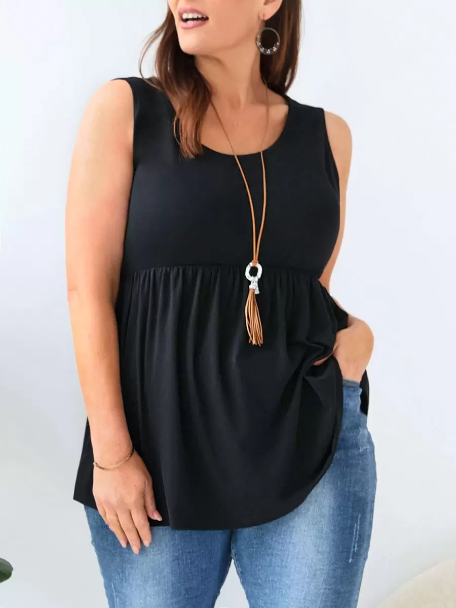 EMERY ROSE Plus Solid Peplum Tank Top - Black - View 1