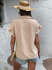 SHEIN LUNE Flounce Sleeve Button Up Shirt - Khaki - View 2