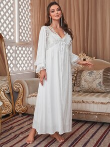 Áo choàng phía trước có nút thắt tương phản & Váy Cami Bộ PJ / Bộ Pajama - trắng - Xem 4