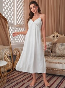 Áo choàng phía trước có nút thắt tương phản & Váy Cami Bộ PJ / Bộ Pajama - trắng - Xem 5