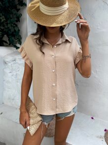 SHEIN LUNE Flounce Sleeve Button Up Shirt - Khaki - View 4