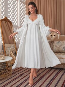 Áo choàng phía trước có nút thắt tương phản & Váy Cami Bộ PJ / Bộ Pajama - trắng - Xem 6