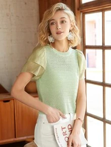 Knit Mix 泡泡袖紋理質感針織上衣 - 青檸色 - 查看 6