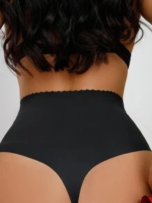 Black High Stretch Fabric High Waisted Scallop Trim Thong Shapewear For Women, Casual Comfy Underwear Bottoms - Black - View 2
