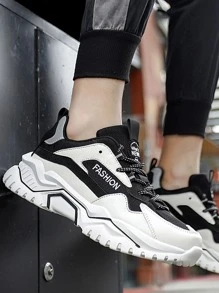 Hombres Zapatillas deportivas chunky de color combinado con cordón delantero - Blanco y Negro - Ver 2