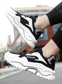 Hombres Zapatillas deportivas chunky de color combinado con cordón delantero - Blanco y Negro - Ver 3